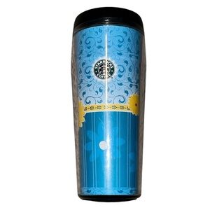 Starbucks 2002 Barista Travel Mug Blue with Yellow Flower 16 Oz Cup